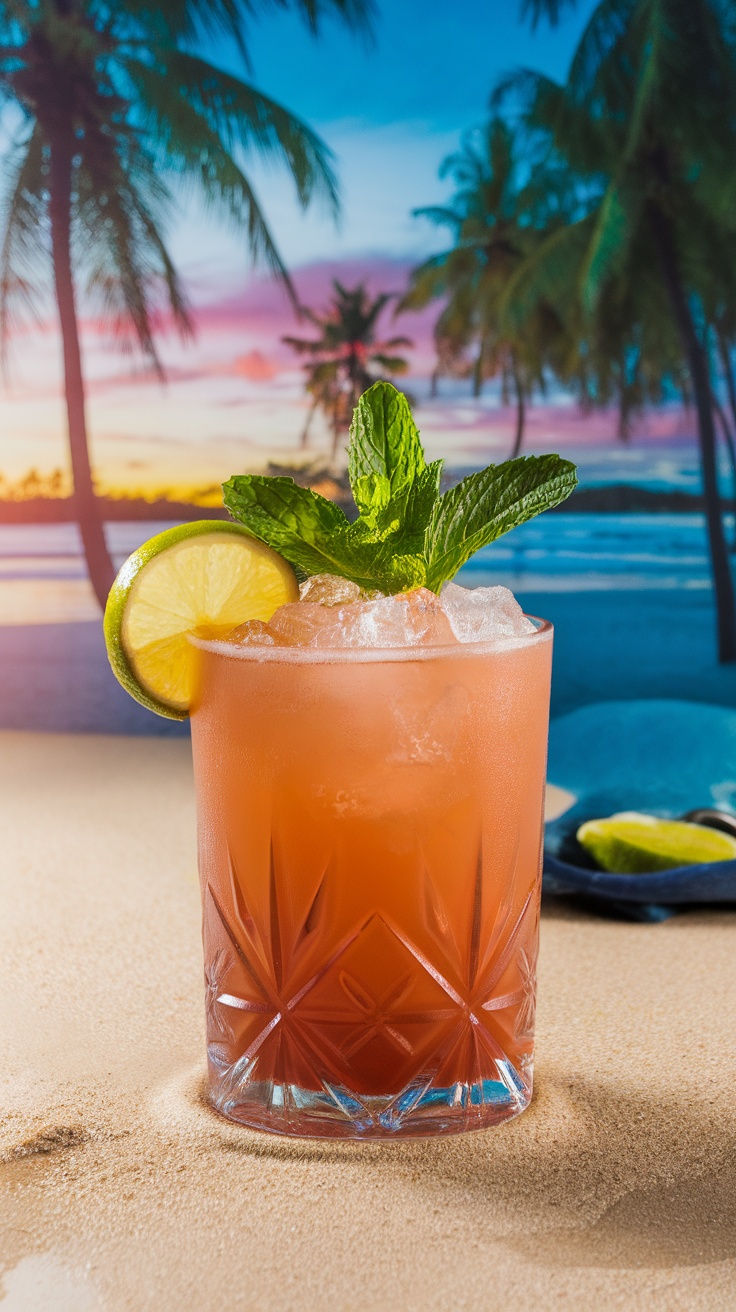 A classic Mai Tai cocktail in a glass with crushed ice, garnished with mint and lime, set against a beach background.